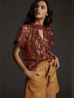 Anthropologie Rust Copper Sequin Floral Ruffle Sleeve Blouse Top XS